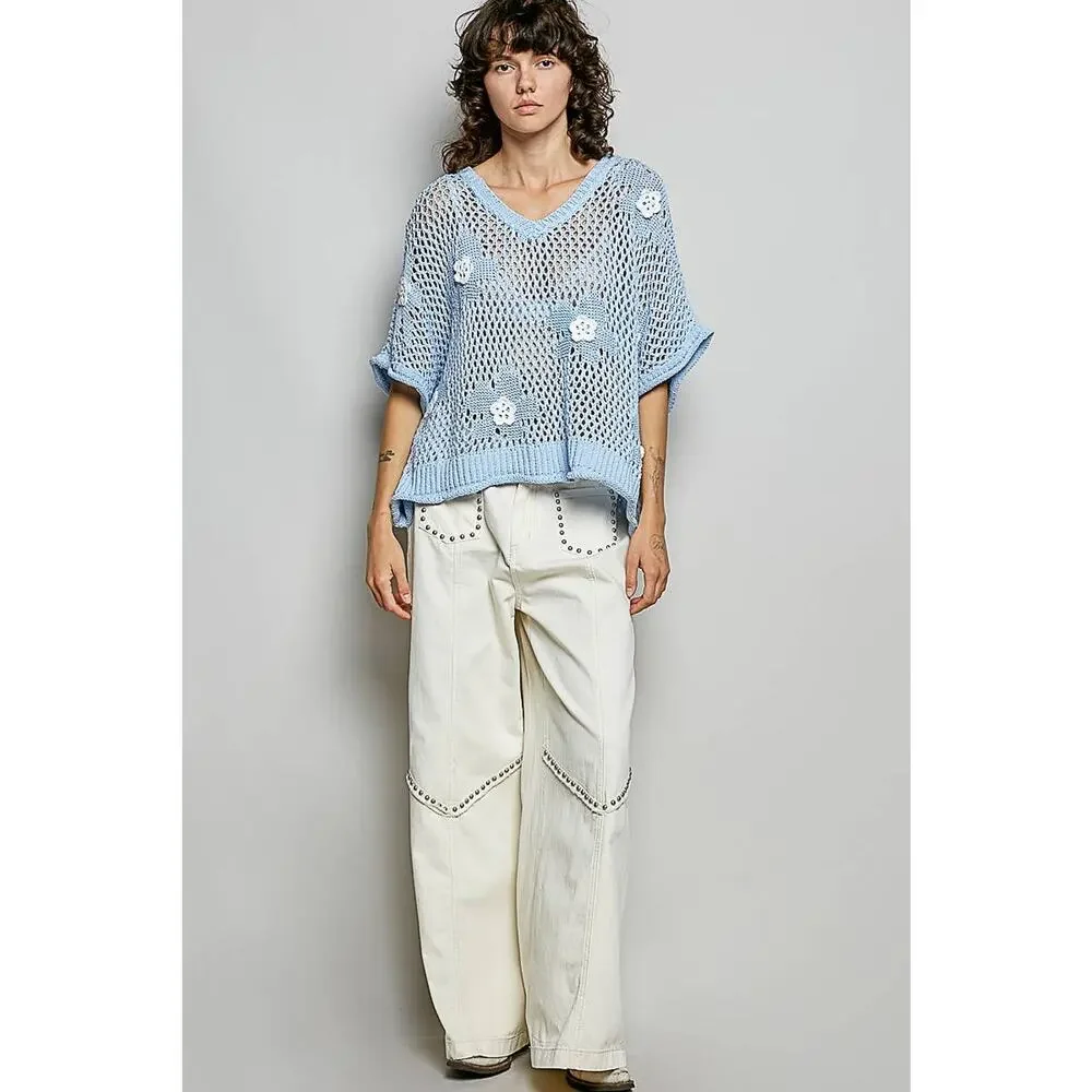 "Bloomin' Filly" Floral Patch Open Sweater Top Black - Picture 7 of 16